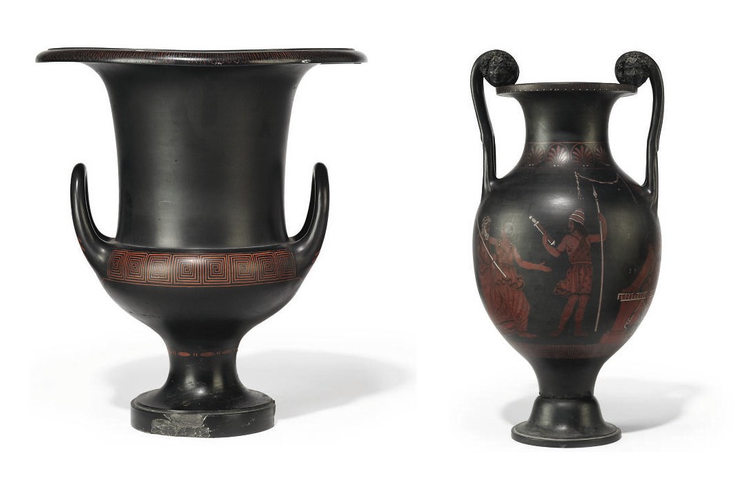 TWO WEDGWOOD BLACK BASALT ENCAUSTIC-DECORATED TWO-HANDLED VASES