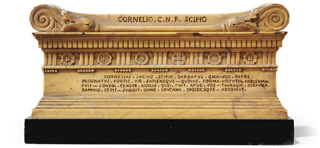 AN ITALIAN SIENA MARBLE REDUCTION OF THE TOMB OF SCIPIO