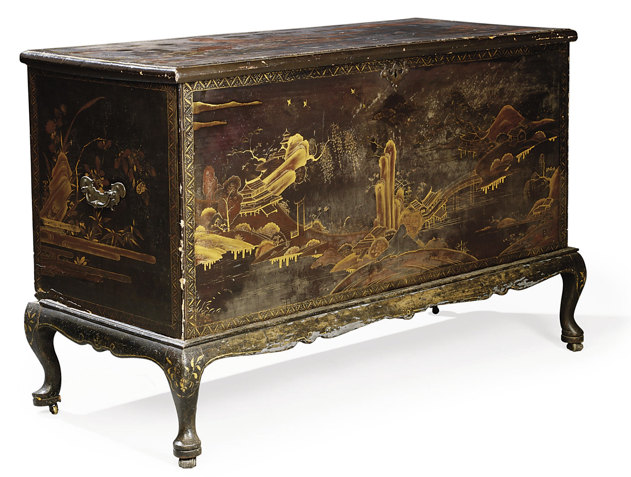A CHINESE EXPORT BLACK, GILT AND RED LACQUER COFFER ON A GEORGE II STAND