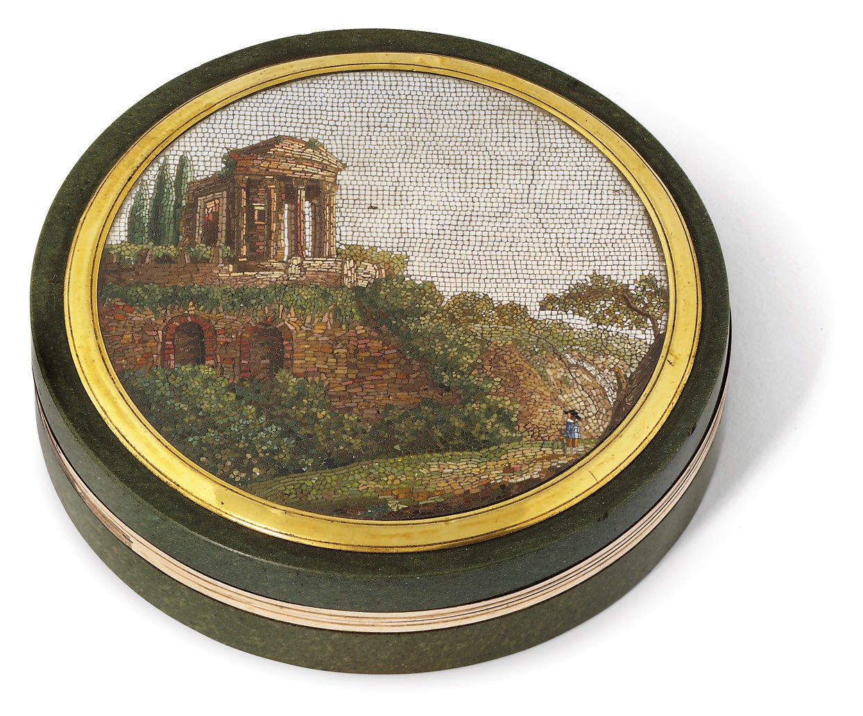 A ROYAL GIFT: A CONTINENTAL GILT-METAL MOUNTED HARDSTONE BONBONNIÈRE SET WITH A MICROMOSAIC PLAQUE