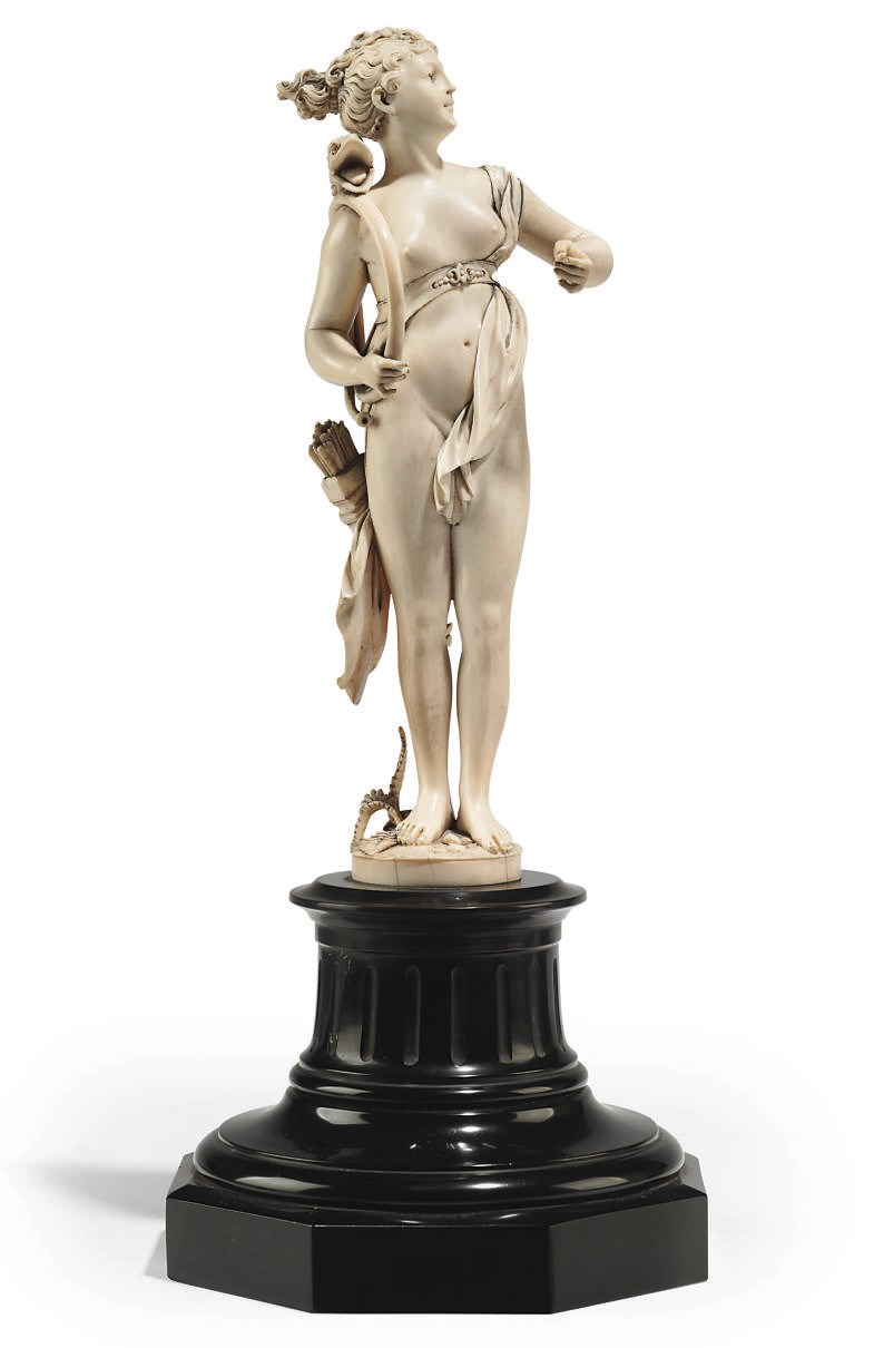 A FRENCH IVORY FIGURE OF DIANA THE HUNTRESS