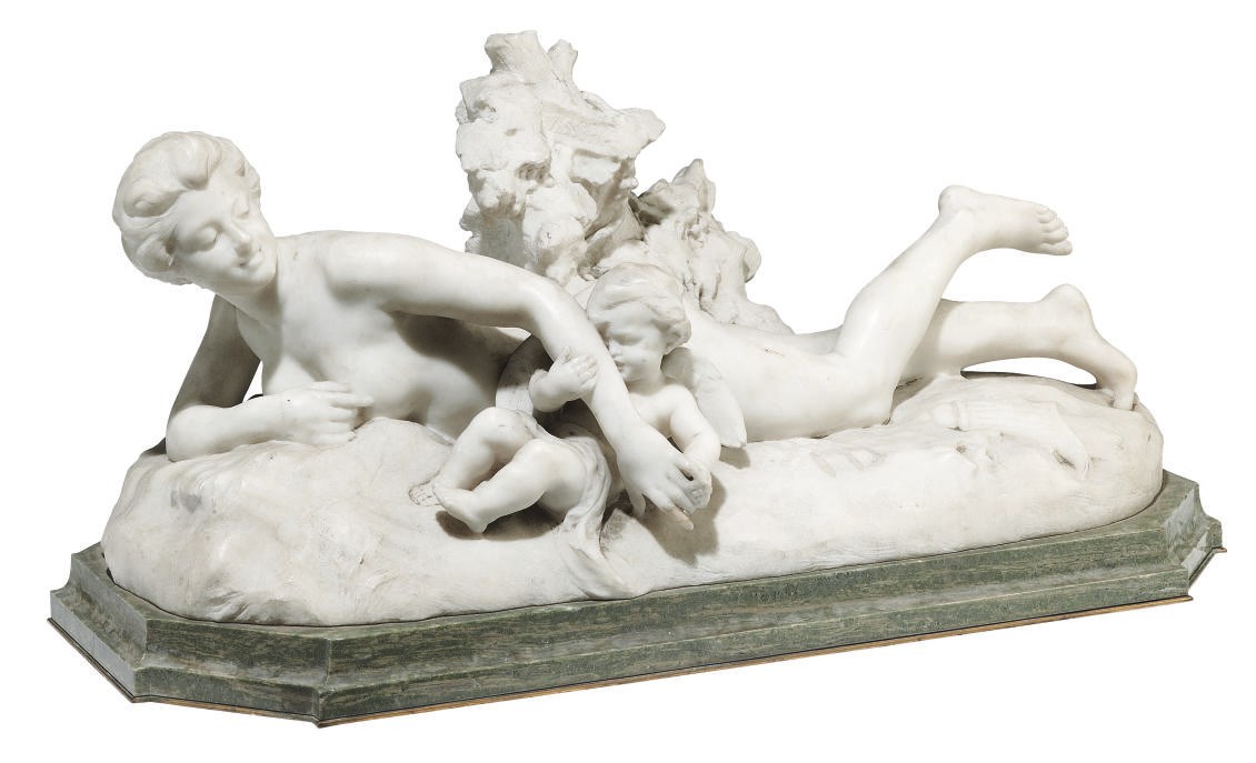 A FRENCH WHITE MARBLE GROUP OF VENUS AND CUPID