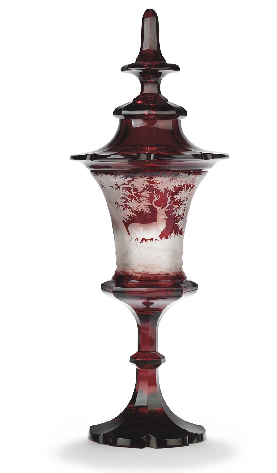 A BOHEMIAN RUBY-FLASH AND ENGRAVED GOBLET AND COVER
