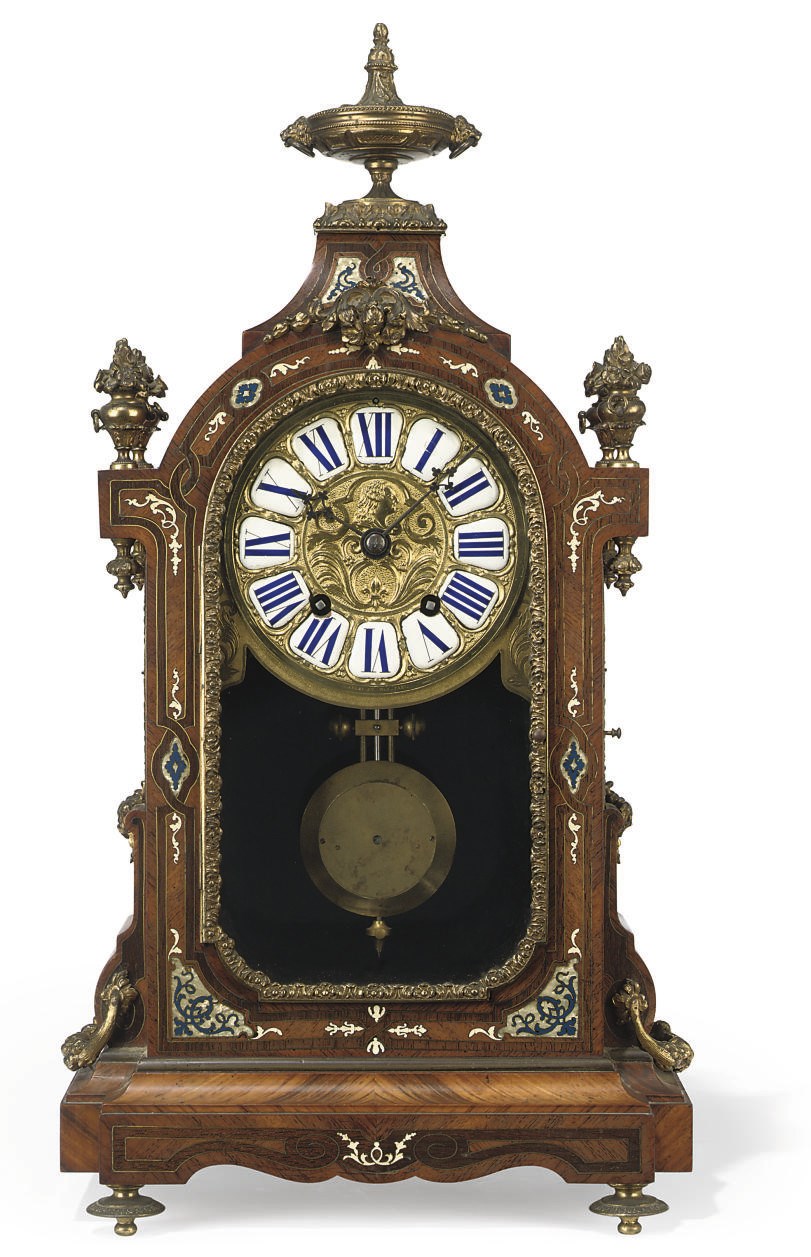 A FRENCH ORMOLU-MOUNTED, MOTHER-OF-PEARL AND LACQUER INLAID KINGWOOD STRIKING MANTEL CLOCK
