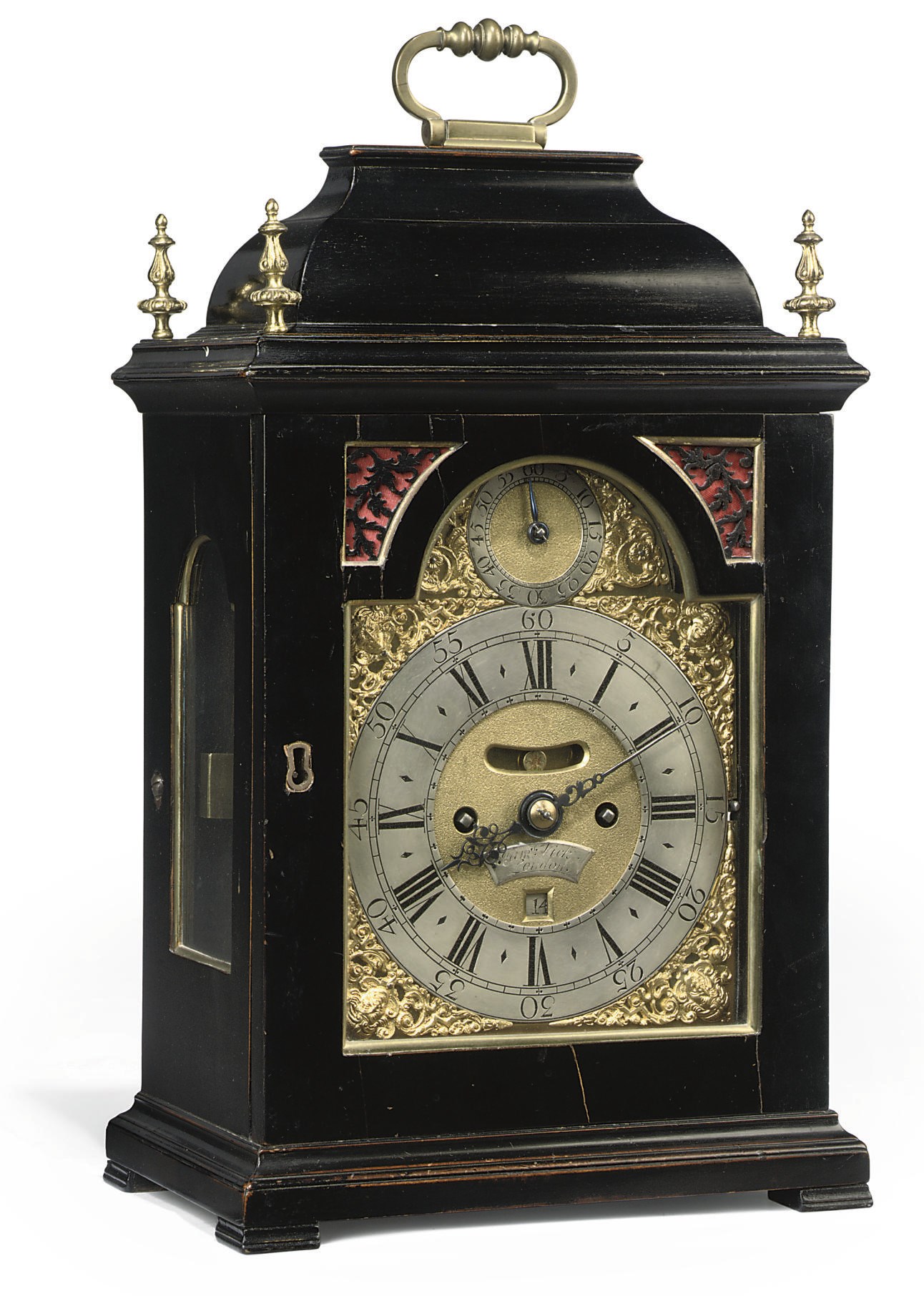 A GEORGE II SMALL EBONISED AND BRASS-MOUNTED STRIKING TABLE CLOCK WITH PULL QUARTER REPEAT
