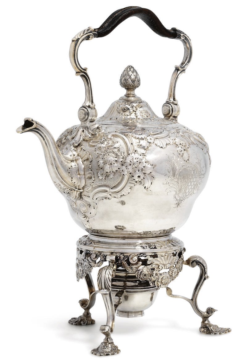A GEORGE II SILVER KETTLE, STAND AND LAMP
