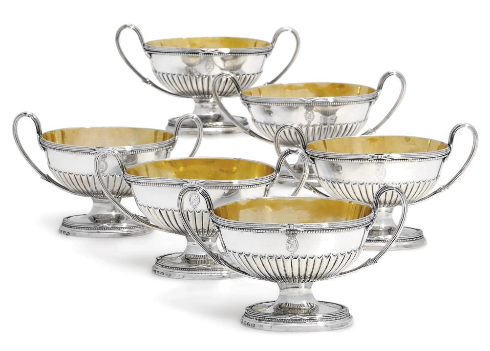 A SET OF SIX ROYAL/AMBASSADORIAL GEORGE III SILVER SALT-CELLARS