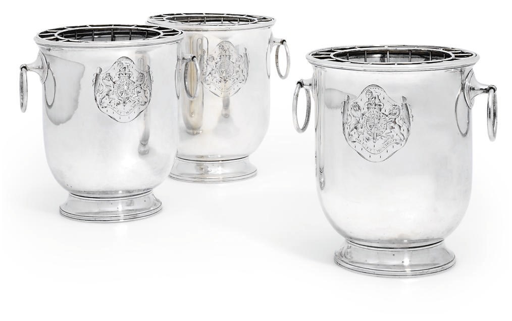 A SET OF THREE ROYAL AMBASSADORIAL GEORGE III OLD SHEFFIELD PLATE WINE COOLERS AND LINERS
