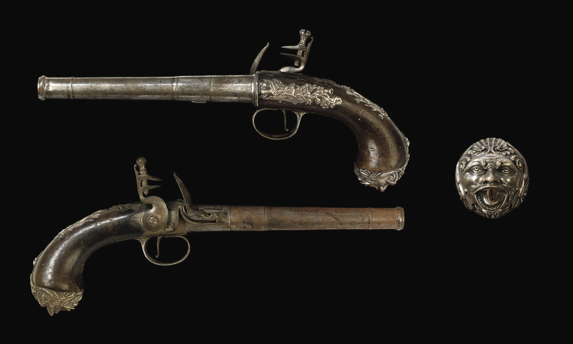 A PAIR OF SILVER-MOUNTED TURN-OFF PISTOLS BY JOHN BUMFORD (2), LONDON