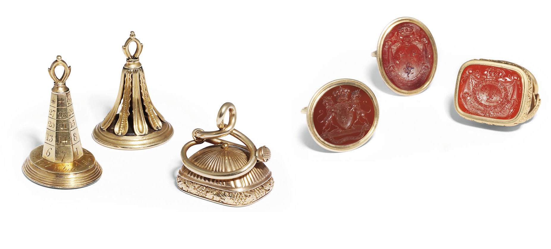 A GEORGE III GOLD-MOUNTED PERPETUAL CALENDAR AND TWO GEORGE III GOLD-MOUNTED FOB SEALS