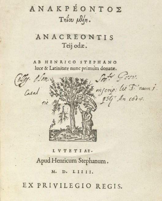 ANACREON (?572-?488 BC), and others.  Teij odae. Paris: "Apud Henricum Stephanum" [ie. Henri Estienne], 1554. Small 4°. Printer's woodcut device on title, headpiece and initial (some very light browning, a few spots). Contemporary speckled calf, spine gilt (joints split, lightly rubbed). Provenance: early Jesuit inscription on title. FIRST EDITION. Henri Estienne's first independently published work. Brunet I, 250: "Première édition, qui est aussi belle que rare"; Schreiber 139.