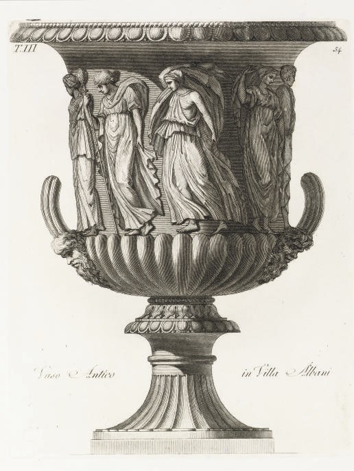 ANTONINI, Carlo (b. c.1740).  Manuale di Vari Ornamenti Componenti la Serie de' Vasi Antichi. Rome: Nella Stamperia de Roanis, 1821. 3 volumes, 2°. Engraved illustrations on printed titles, 3 engraved titles and 192 engraved plates only (of 193, vol. I lacking plate 28, occasional light spotting and staining, more pronounced to the last few plates in each vol.). Contemporary half calf gilt (upper joints of vol. I splitting, extremities rubbed). Brunet I, 326.