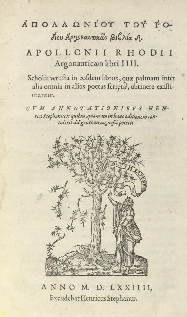 APOLLONIUS RHODIUS (240-186 BC).  Argonauticon libri IIII. [Geneva:] "Excedubat Henricus Stephanus" [ie. Henry Estienne], 1574. 4°. Woodcut printer's device on title, headpieces and foliated Greek initials, text in Latin and Greek (some very light browning). Contemporary speckled calf gilt, spine gilt in compartments with crown and cockerel motif, green silk marker (head of joints splitting, some rubbing). Adams A1316; Renouard 141; Schreiber 188: "A very important and beautifully printed edition of the Argonautica, including the Greek scholia surrounding the text."