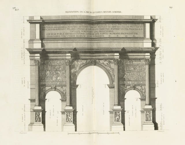 DESGODETS, Antoine Babuty (1653-1728).  Les Edifices de Rome dessinés et mesurés tres exactement. Paris: Jean Baptiste Coignard, 1682. 2°. Engraved title in baroque border, 137 engraved plates, many double-page (some staining at upper edge and margins, first plate quite severely stained, some plates and leaves lightly browned, marginal rusthole to Qq, some mainly marginal light spotting and staining). Contemporary calf, spine gilt in compartments with red morocco lettering-piece (extremities rubbed, covers scuffed with some wear). Provenance: "R. Knight" (early signature on front free endpaper). FIRST EDITION. Brunet II, 625: "Premier ouvrage exact qui ait paru sur les anciens monuments de Rome.  On recherche surtout l' edit. de 1682, qui offre les premières épreuves des planches"; Cicognara 3700; Fowler 102.