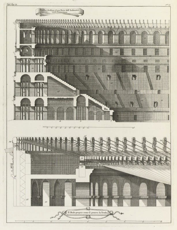 FONTANA, Carlo (1634-1714).  L' Anfiteatro Flavio descritto e delineato. The Hague [but Rome]: "Appresso Isaco Vaillant", 1725. 2°. Engraved illustration on title, 24 engraved plates and plans, initials and culs-du-lampe (title lightly spotted and stained, a few plates and leaves very lightly browned and spotted, very small piece torn from foremargin of one leaf). Contemporary calf gilt, spine gilt in compartments with red morocco lettering-piece (quite heavily rubbed and scuffed, some loss to head and foot of spine). Brunet II, 1329; Cicognara 3730.