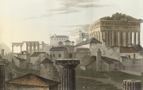 HOBHOUSE, John Cam, 1st Baron Broughton (1786-1869).  A Journey through Albania, and other Provinces of Turkey in Europe and Asia, to Constantinople, during the years 1809 and 1810. London: James Cawthorn, 1813. 4°. Engraved frontispiece, 2 folding maps, 18 plates, all but one hand-coloured aquatints, 7 folding, engraved facsimile, 2-pages of engraved music at the end (frontispiece detaching, one map torn without loss, occasional light spotting and staining). Contemporary speckled calf gilt, spine gilt in compartments with black morocco lettering-piece (extremities rubbed, mores severe patches of wear to covers, lower cover scuffed). Provenance: armorial bookplate with motto "Toujours Pret." FIRST EDITION. Abbey Travel 202; Atabey 584; Blackmer 821; Lowndes III, 1078: "this amusing work"; Prideaux pp. 234, 340. Not in Colas or Weber.