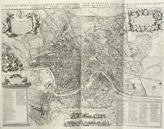 SANDRART, Joachim von (1606-88).  Romae antiquae et novae theatrum. Sive genuina ac vera urbis, juxta varios ejusdem status, delineatio topographica. Nuremberg: "Typis Christiani Sigismundi Frobergii, sumtibus Autoris," 1684. Title with woodcut printer's device, text printed in double column, additional double-page engraved architectual title in Latin and German, double-page bird's-eye-view of Ancient Rome and large folding bird's-eye-view of contemporary Rome (illustrated), 69 engraved plates and plans, many folding or double-page. Cicognara 3872. [bound with:]  Johann Baptista FALTI.  Romanorum Fontinalia, Sive nitidissimorum perenniumque, intra & extra Urbem Romam Fontium vera, varia, & accurata delineatio. Nuremberg: "Sumtibus Sandrartianis, typisque Frobergianis," 1685. Woodcut printer's device on title, text printed in double column, 42 double-page engraved plates of the fountains of Rome.  2 works in one volume, 2° (some staining at upper edges, occasional light spotting and staining, one plate torn without loss and another torn at margin in the second work). Contemporary calf, spine gilt in compartments with red morocco lettering-piece (rubbed and scuffed, some wear at corners). Brunet V, 125 (ascribing the second work to Sandrart): "Ces différents ouvrages de Sandrart sont recherchés, mais il est difficile de les trouver réunis."