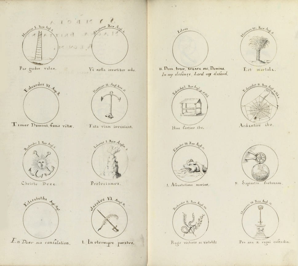 VAN ALKEMADE, K. & P. VAN DER SCHELLING.  "Symbolica Heroica. Devises Heroicques. Zin-spreucken der Grooten, van Pausen, R. Keizeren, Koningen van Krankryk Spanze, Sicilie, Arragon, Navarre, Gr. Britannie, Portugal, Suede, Denemark, Noorwege, Asie, Jerusalem, Aarts Hertooen van Oosrenryk, Hertogen van Saxen, Keurvorsten van Brandeburg, van Beyere, Boheme." Netherlands: 18th-century. 2° (288 x 85mm) manuscript on paper, title, 2-page index, numerous emblems on 294 pages, some roundels left blank. Contemporary panelled vellum ruled and decorated in blind.