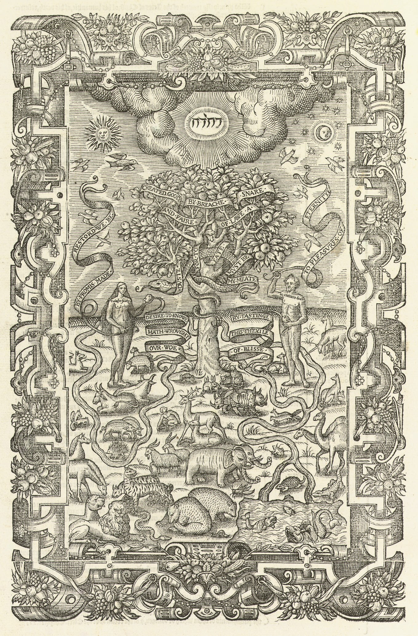 The Holy Bible containing the Old Testament and the New: Perused and diligently corrected. London: Christopher Barker, 1585. 2 volumes bound in one, 2°. Title within elaborate woodcut baroque border, genealogies, calendar printed in red and black, full-page woodcut illustration of the Garden of Eden within elaborate baroque border (illustrated), printed in double column throughout, initials, titles to Psalms and Apocrypha within elaborate woodcut baroque borders, small woodcut map of The Holy Land (marginal hole in first leaf of genealogies, [Av] torn without loss, ?lacking title to New Testament [Ai], some staining and spotting). 17th-century diced calf, covers with gilt roll-tool border, spine gilt in compartments (some wear to spine, corners rubbed, some scuffing to covers). Provenance: Mos. ?Cayley (early signature on front free endpaper). STC 2146; Darlow & Moule 188; Herbert 188. Bishops' Version.