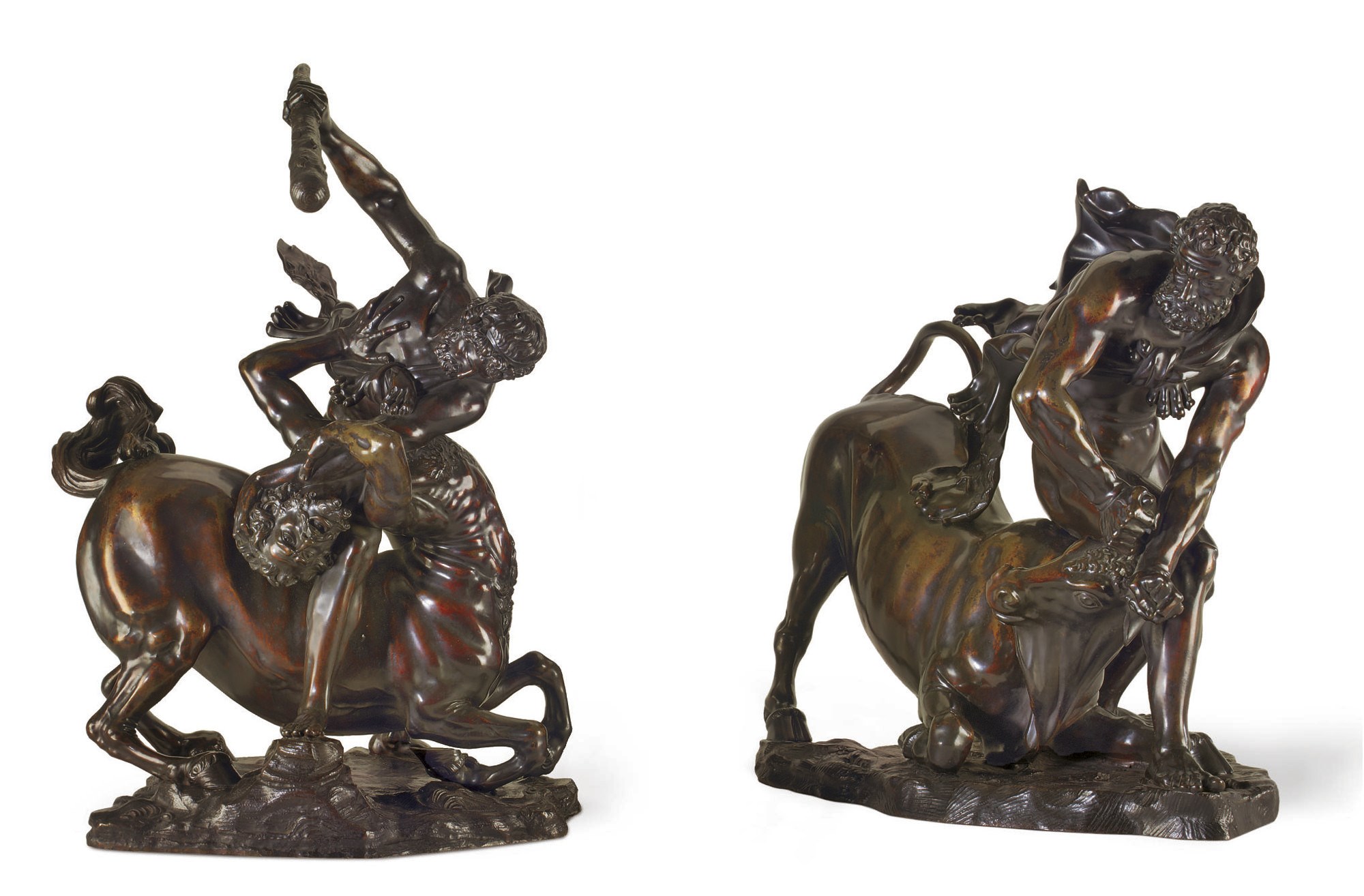 PAIRE DE GROUPES EN BRONZE REPRESENTANT HERCULE ET UN CENTAURE AINSI QU'HERCULE TERRASSANT ACHELOUS SOUS LA FORME D'UN TAUREAU