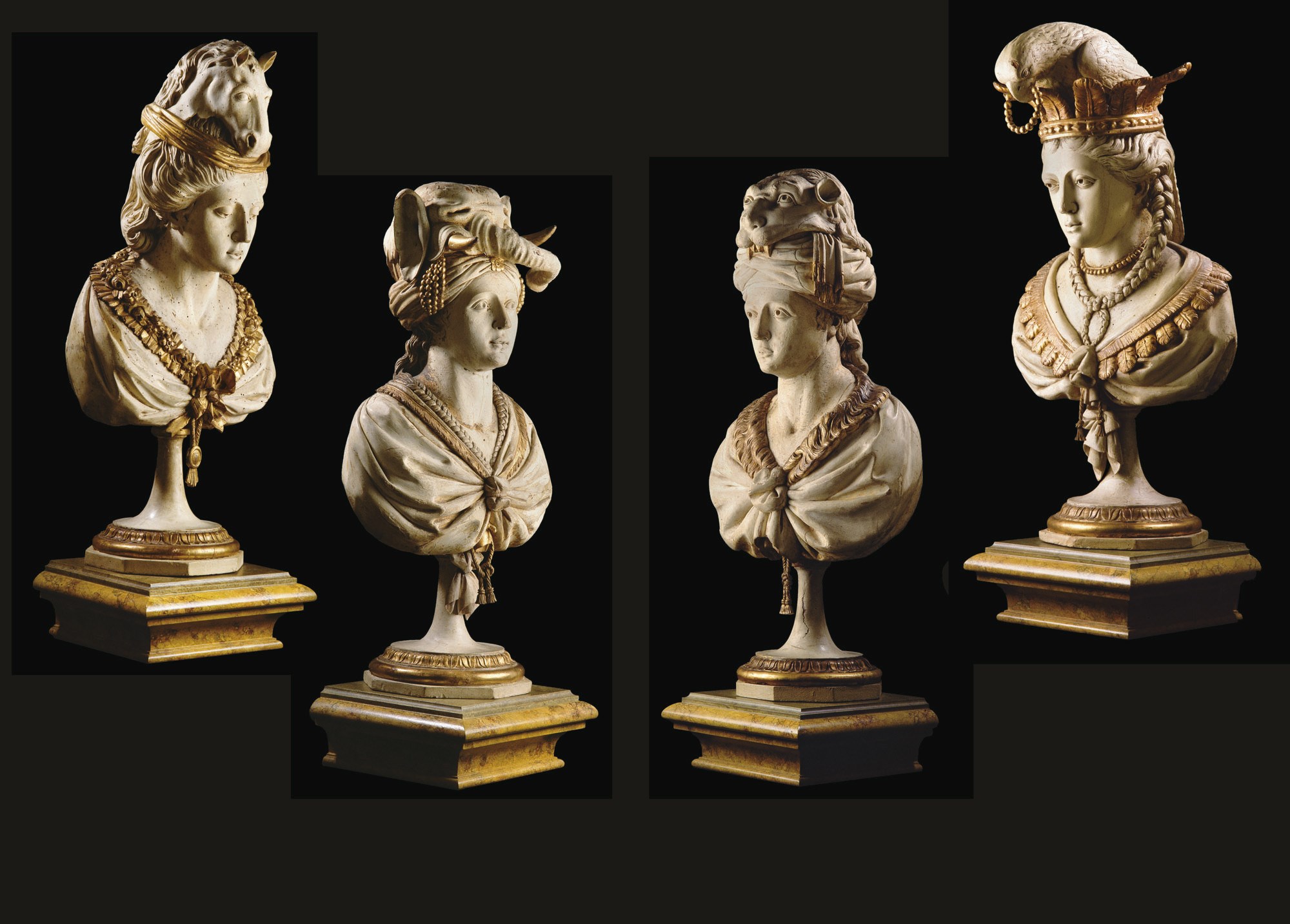 SUITE DE QUATRE BUSTES ALLEGORIQUES REPRESENTANT LES QUATRE CONTINENTS