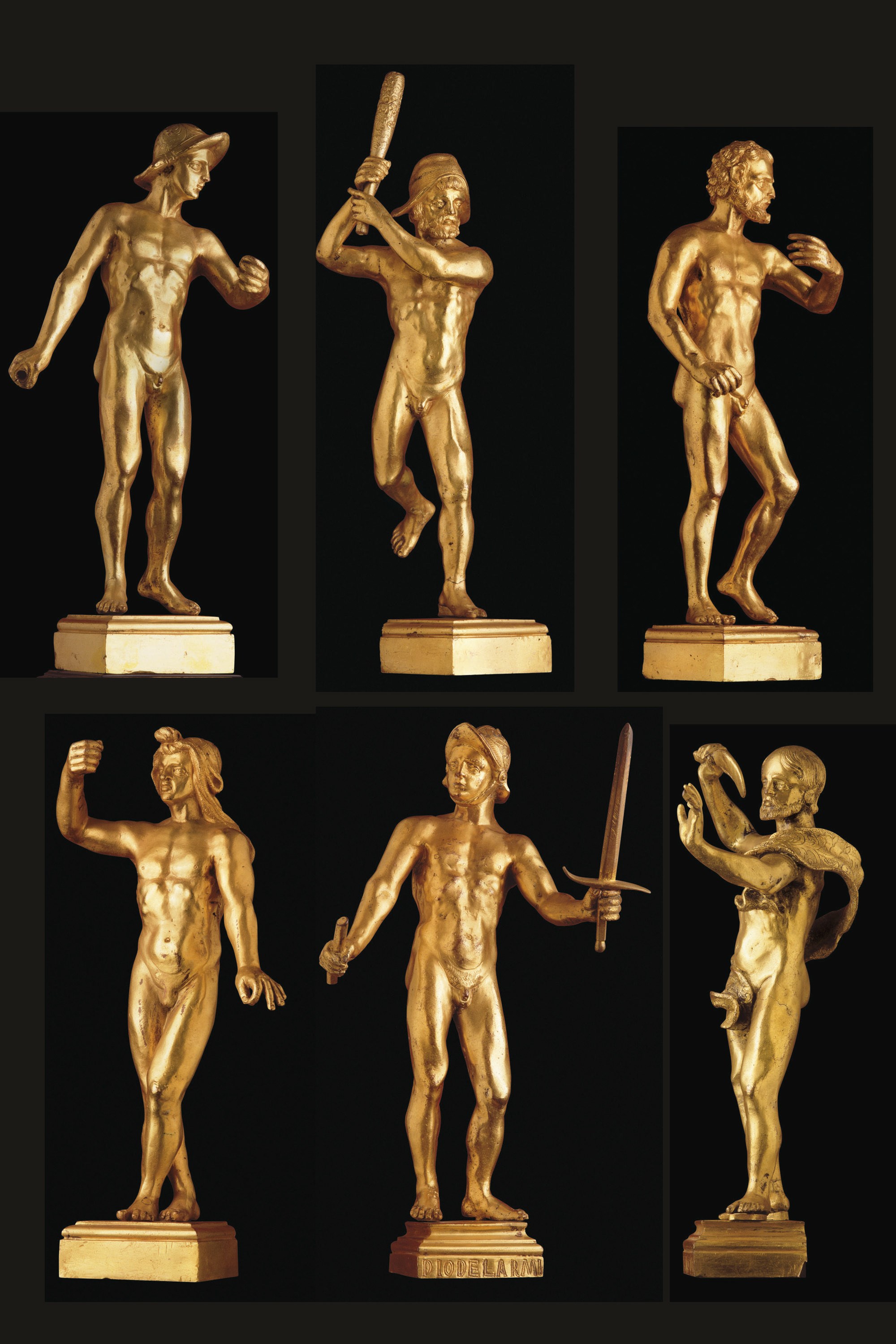 SUITE DE SIX FIGURES EN BRONZE DORE REPRESENTANT DES GUERRIERS