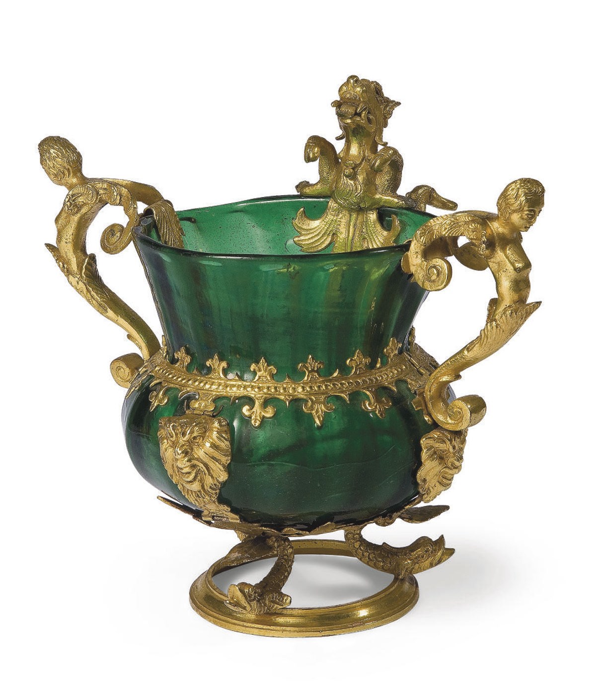 VASE EN VERRE VERT ET MONTURE EN CUIVRE DORE