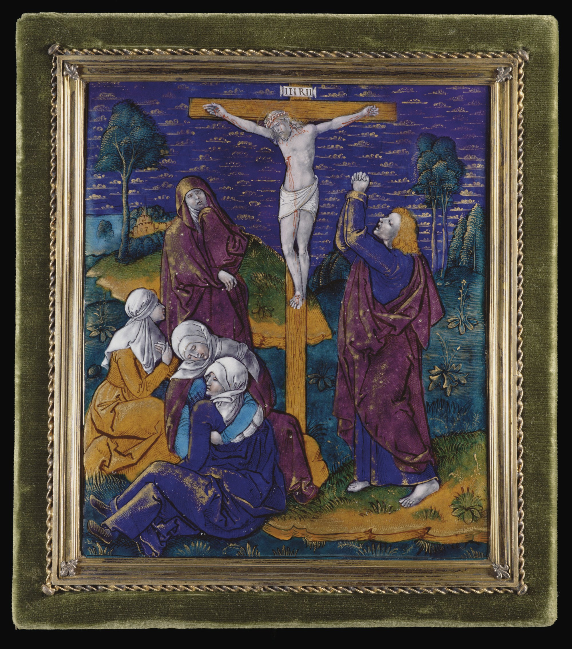 PLAQUE RECTANGULAIRE EN EMAIL PEINT POLYCHROME A REHAUTS D'OR REPRESENTANT LA CRUCIFIXION