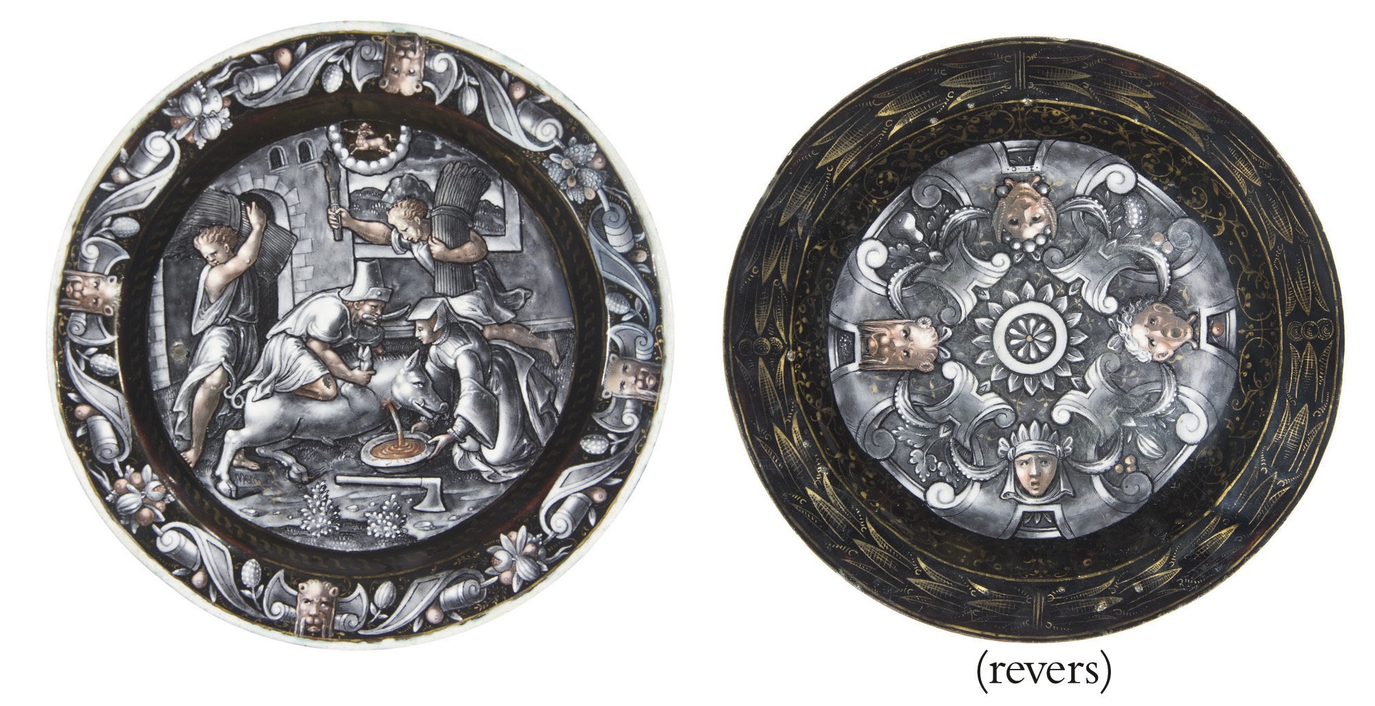 ASSIETTE EN EMAIL PEINT EN GRISAILLE A REHAUTS D'OR REPRESENTANT LE MOIS DE NOVEMBRE