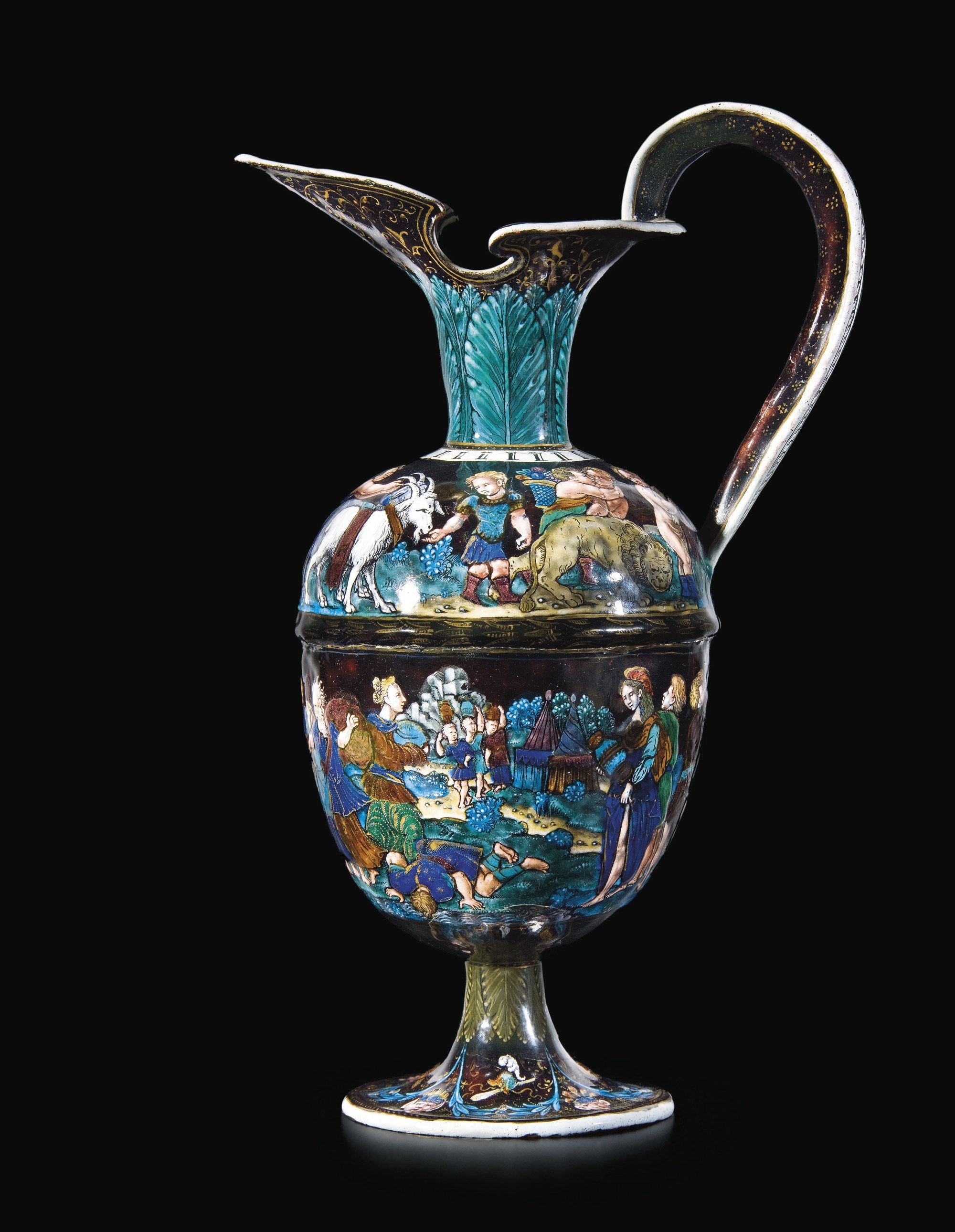 AIGUIERE EN EMAIL PEINT POLYCHROME A REHAUTS D'OR REPRESENTANT MOISE FAISANT JAILLIR L'EAU DU ROCHER