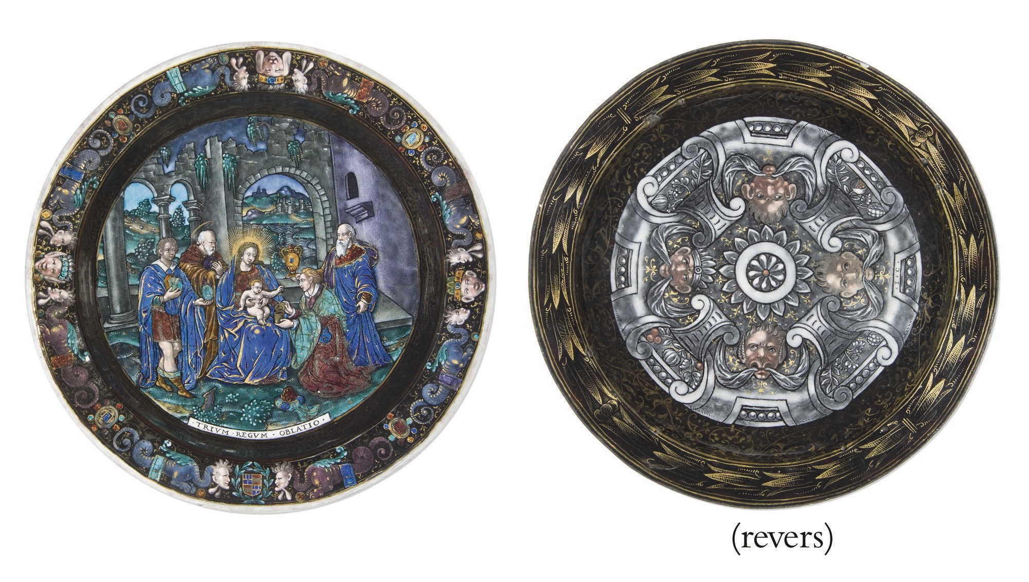 ASSIETTE EN EMAIL PEINT POLYCHROME A REHAUTS D'OR REPRESENTANT L'ADORATION DES MAGES