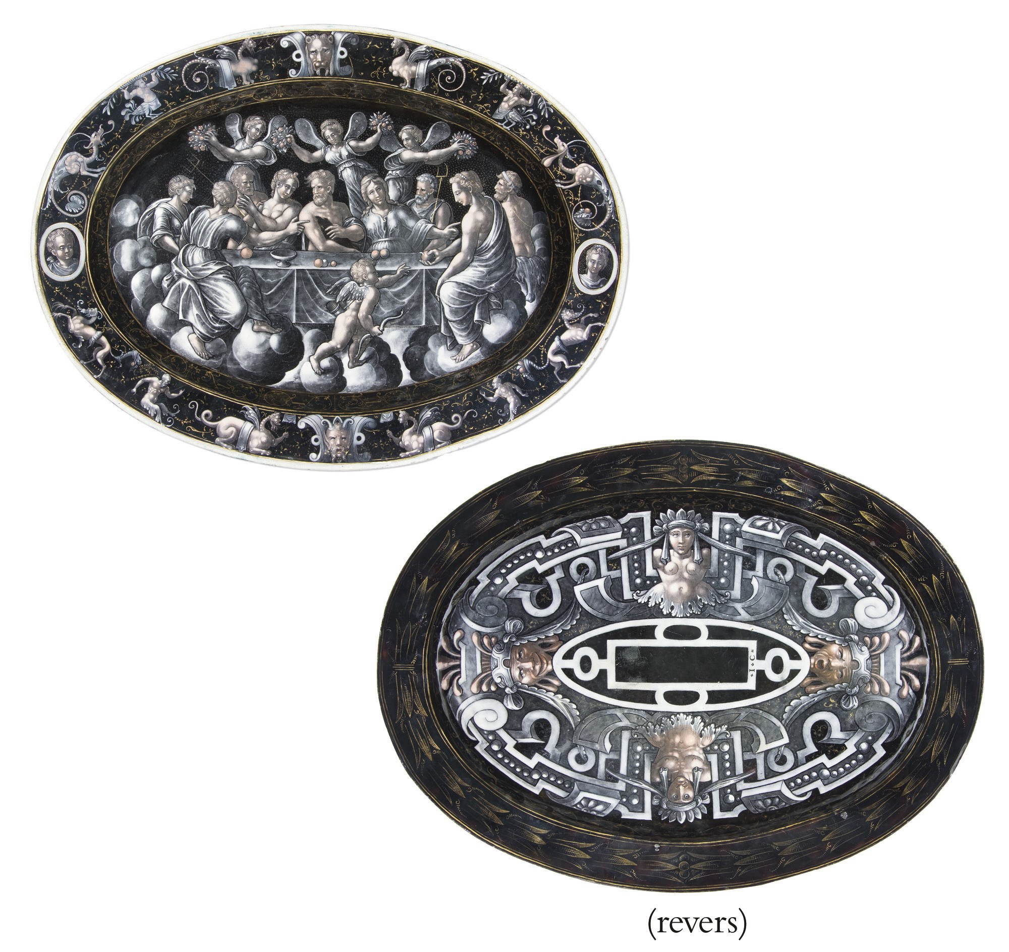 GRAND PLAT OVALE EN EMAIL PEINT EN GRISAILE A REHAUTS D'OR REPRESENTANT LES NOCES DE PSYCHE