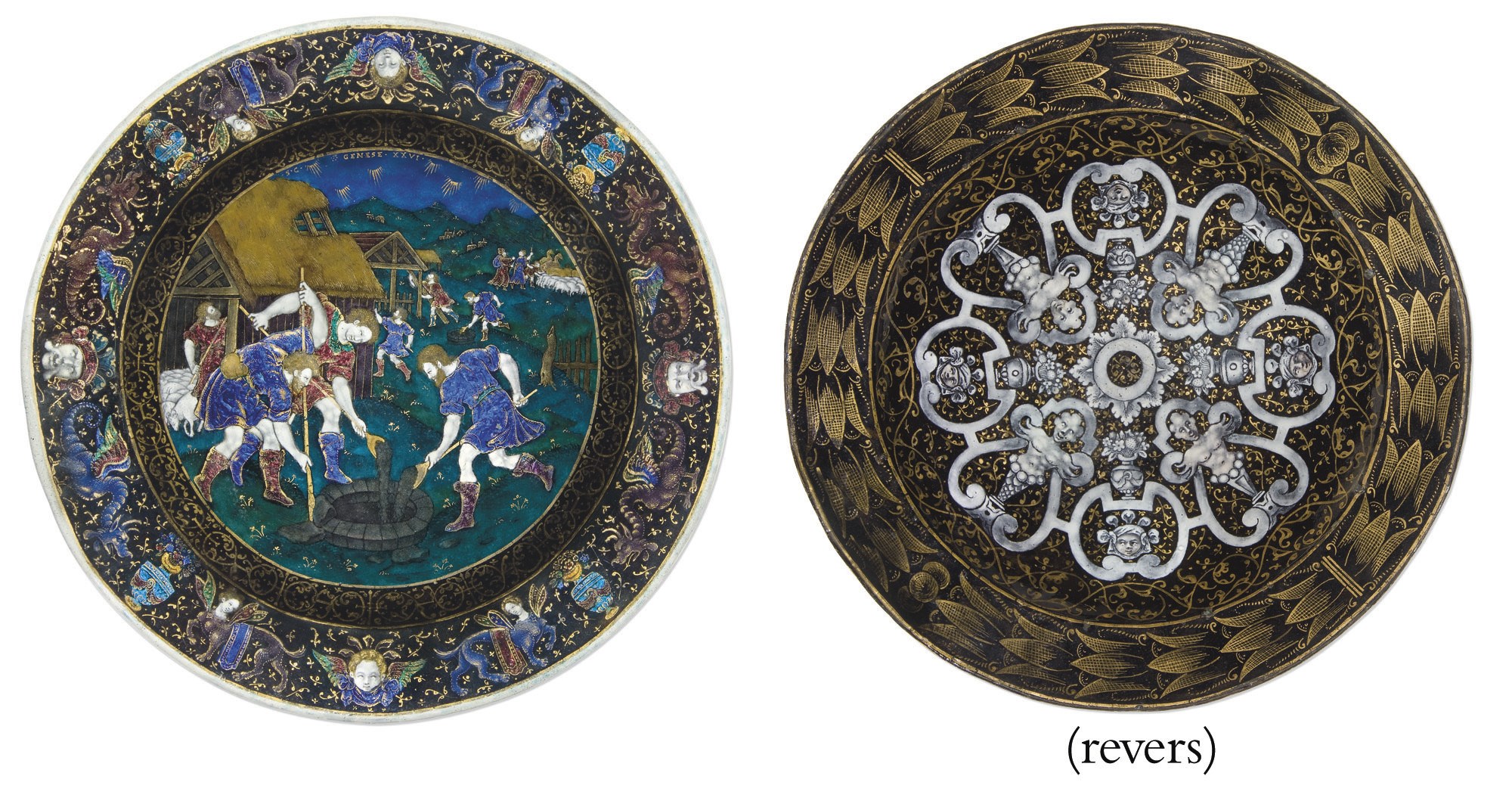 ASSIETTE EN EMAIL PEINT POLYCHROME A REHAUTS D'OR REPRESENTANT ISAAC A GERARA