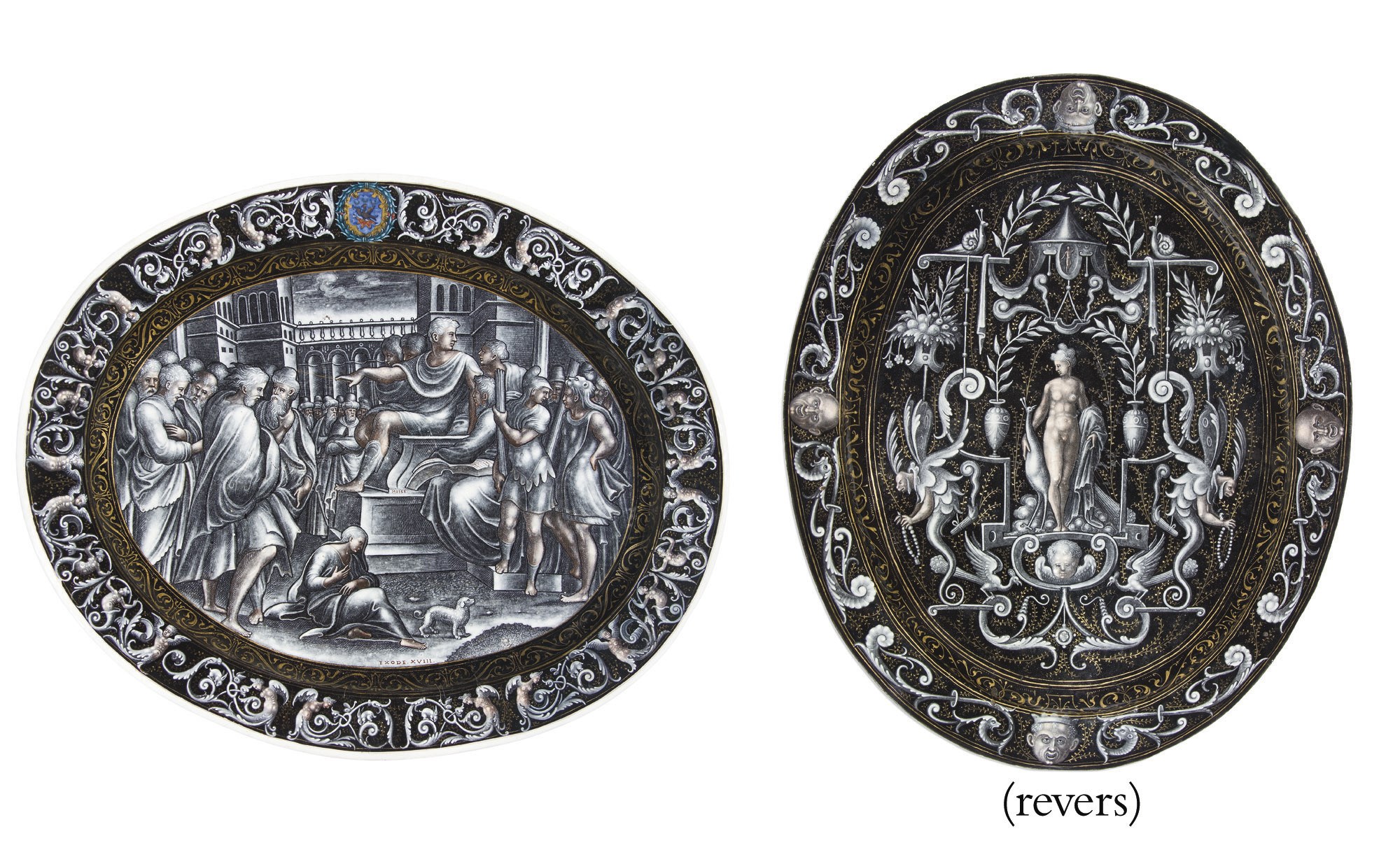 PLAT EN EMAIL PEINT POLYCHROME A REHAUTS D'OR REPRESENTANT LE JUGEMENT DE MOISE