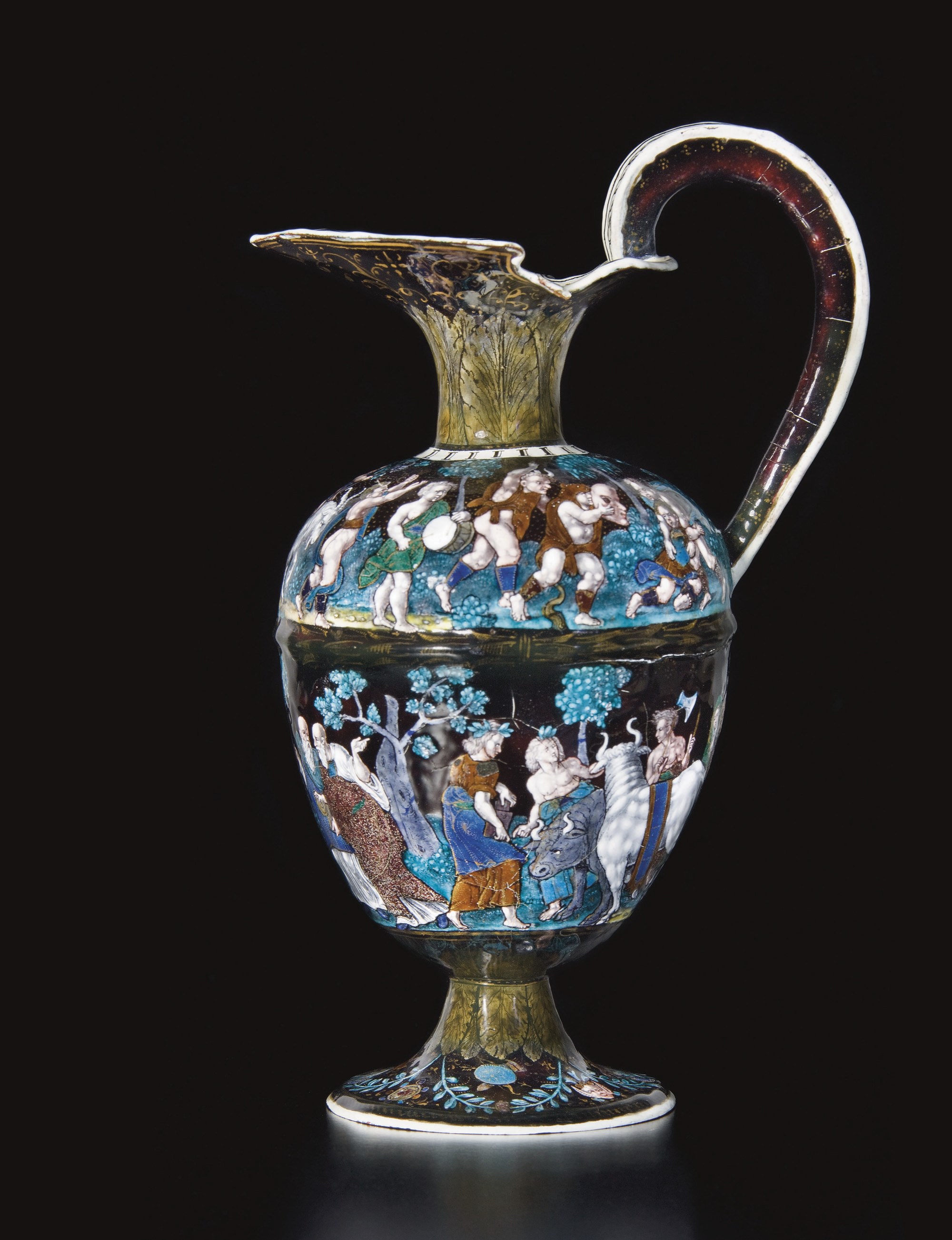AIGUIERE EN EMAIL PEINT POLYCHROME A REHAUTS D'OR