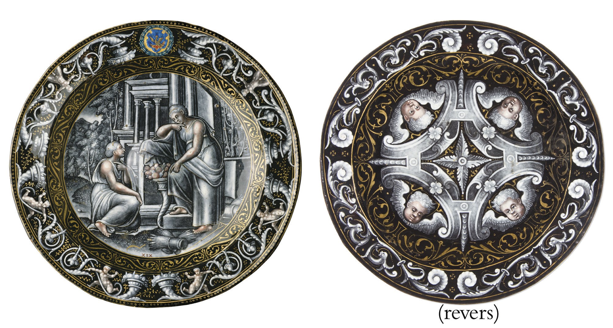 ASSIETTE EN EMAIL PEINT POLYCHROME A REHAUTS D'OR REPRESENTANT 'CERES REFUSANT ASSISTANCE A PSYCHE'