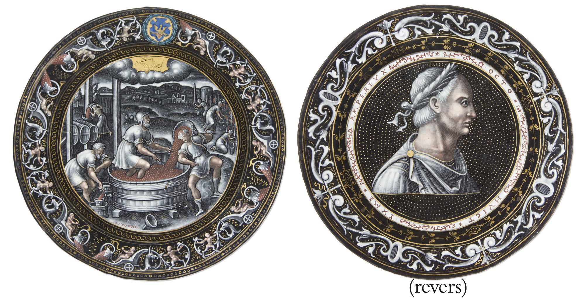 ASSIETTE EN EMAIL PEINT POLYCHROME A REHAUTS D'OR REPRESENTANT LE MOIS D'OCTOBRE