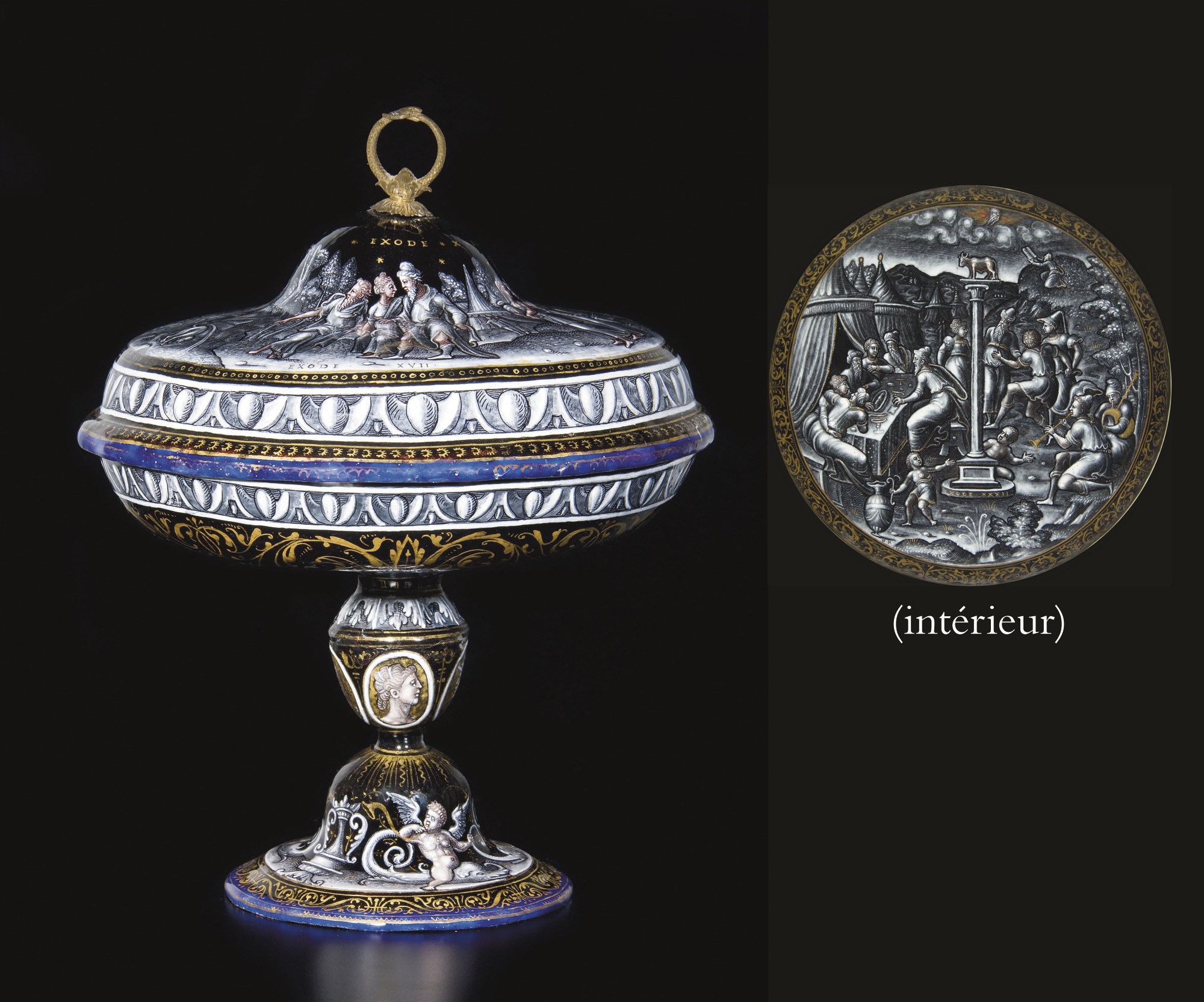 TAZZA COUVERTE EN EMAIL PEINT EN GRISAILLE A REHAUTS D'OR