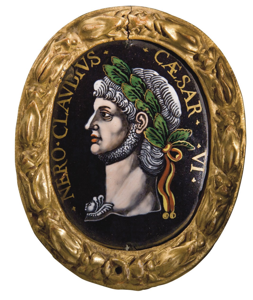 PLAQUE OVALE EN EMAIL A REHAUTS D'OR REPRESENTANT LE PROFIL DE NERON