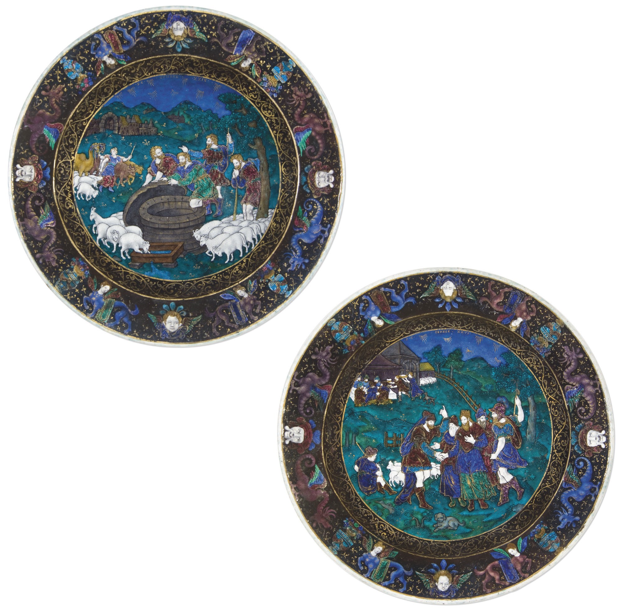 PAIRE D'ASSIETTES EN EMAIL PEINT POLYCHROME A REHAUTS D'OR REPRESENTANT DES SCENES DE LA GENESE