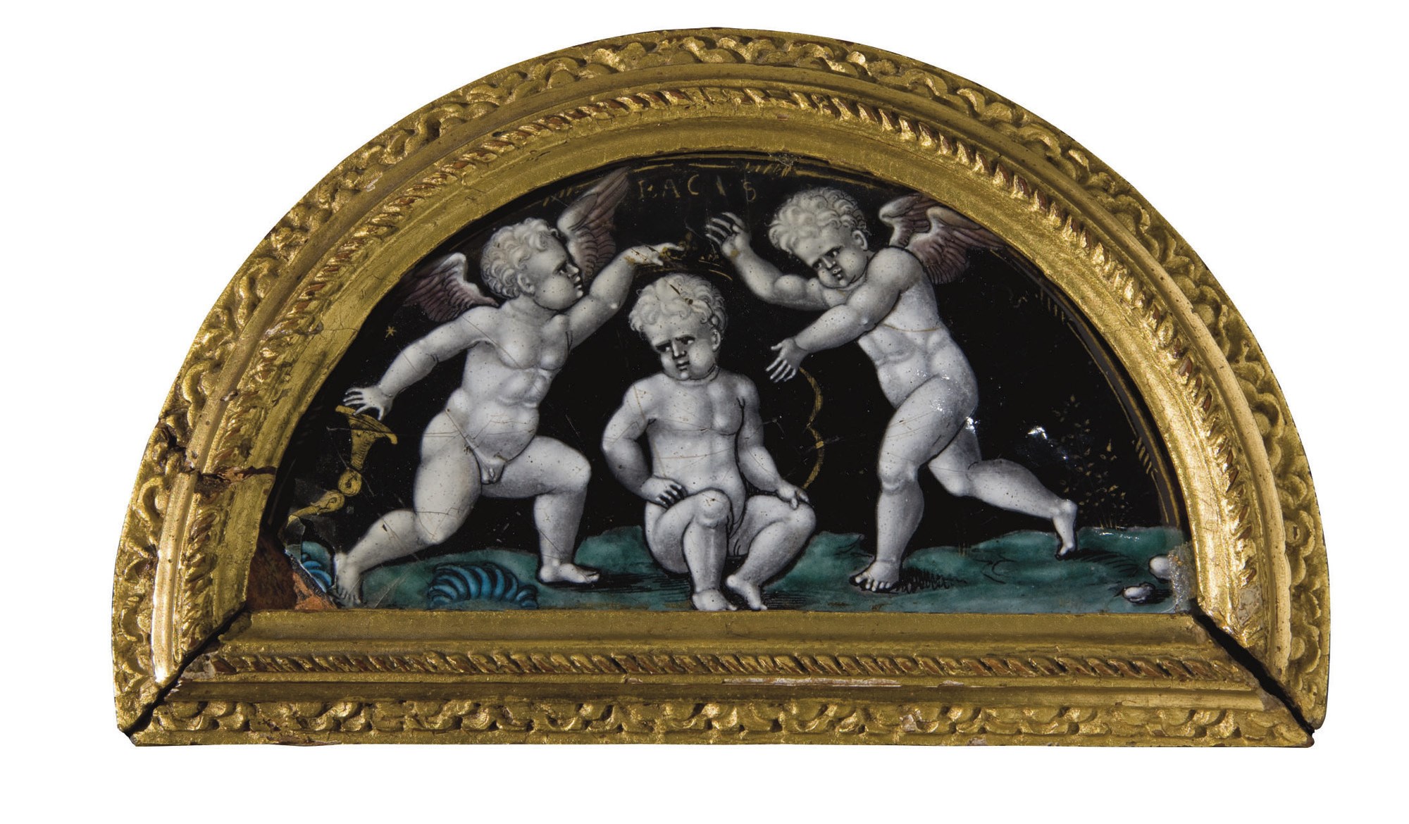 PLAQUE EN EMAIL PEINT POLYCHROME A REHAUTS D'OR
