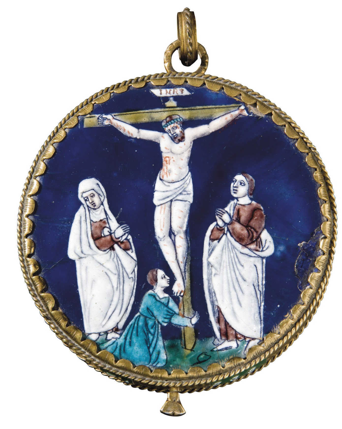 PENDENTIF RELIQUAIRE EN EMAIL PEINT POLYCHROME ET VERRE EGLOMISE