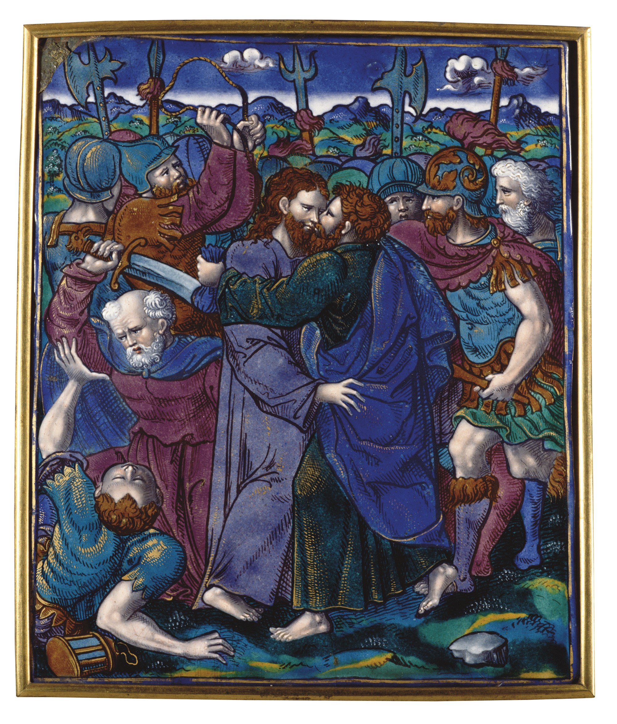 PLAQUE RECTANGULAIRE EN EMAIL PEINT POLYCHROME A REHAUTS D'OR REPRESENTANT LE BAISER DE JUDAS