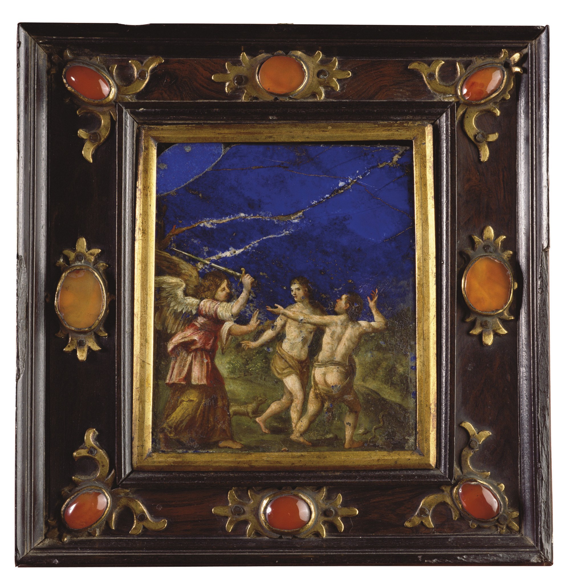 PANNEAU PEINT SUR LAPIS LAZULI REPRESENTANT ADAM ET EVE CHASSES DU PARADIS