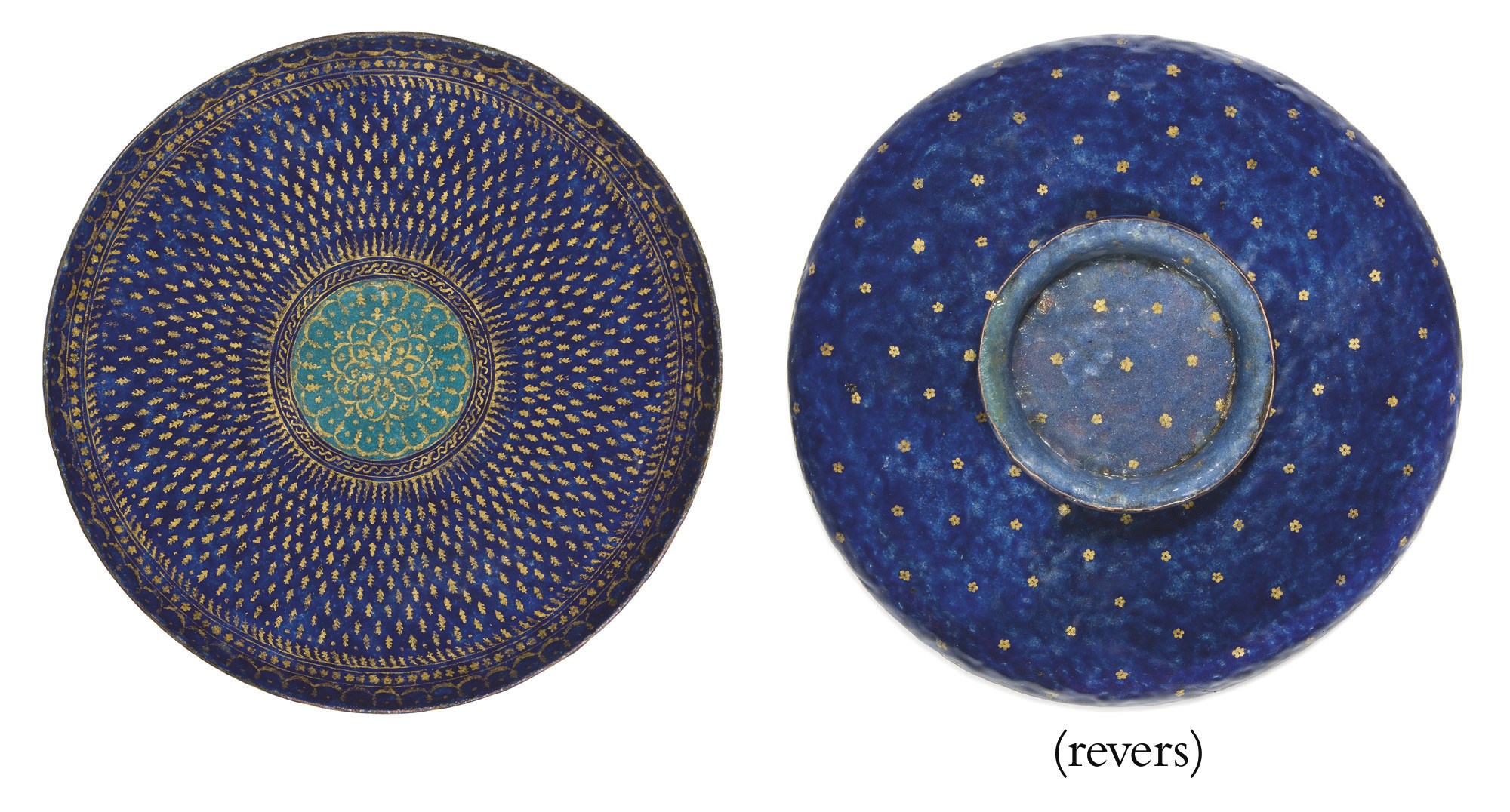 GRAND PLAT CIRCULAIRE EN EMAIL PEINT POLYCHROME PARTIELLEMENT DORE