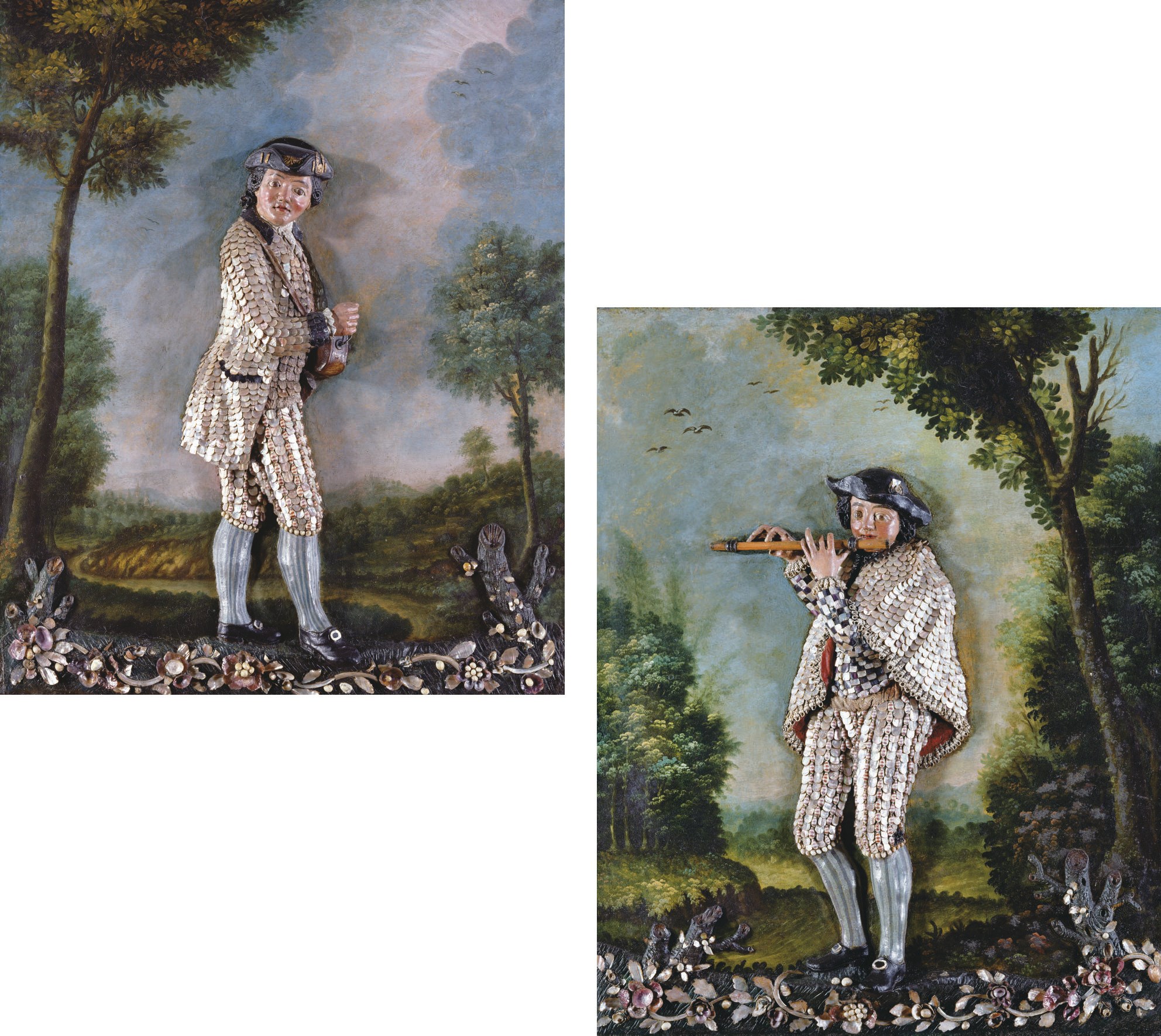 PAIRE DE RELIEFS REPRESENTANT UN JOUEUR DE FLUTE ET UN JOUEUR DE VIELLE A ROUE