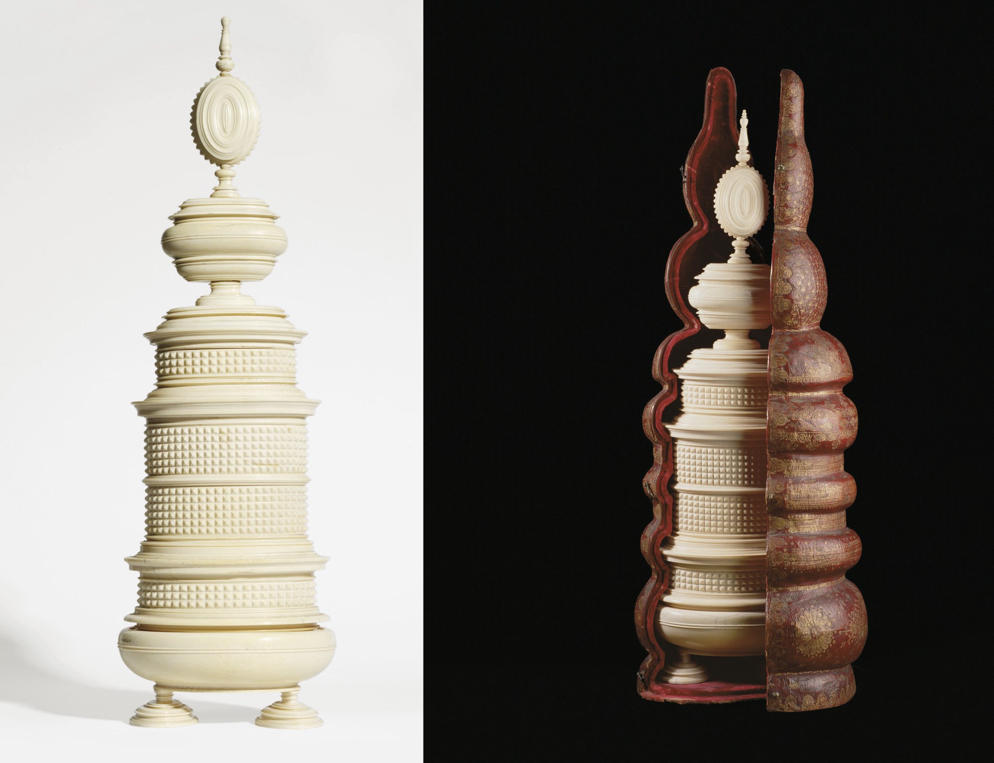 TOUR EN IVOIRE SCULPTE A COMPARTIMENTS