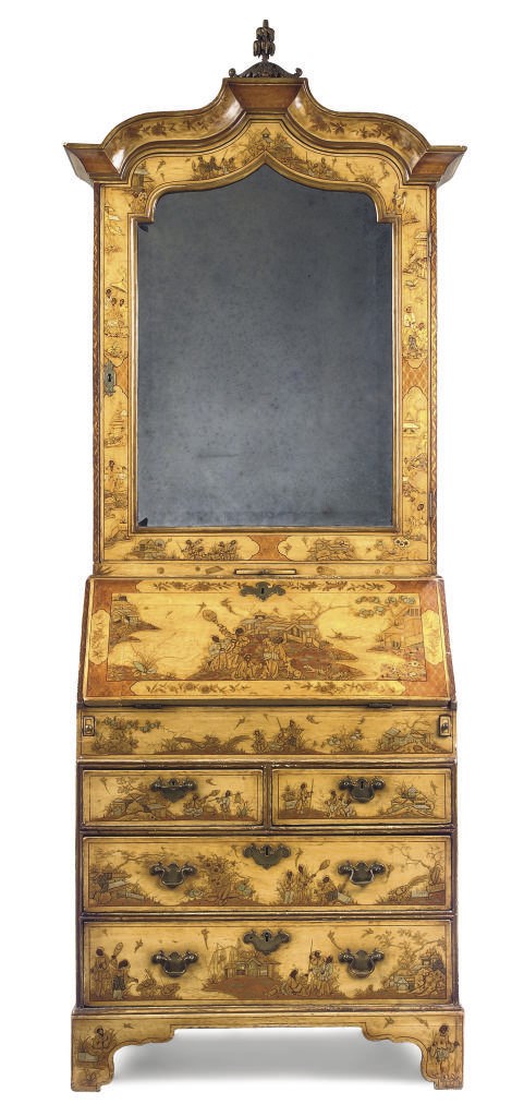 A YELLOW JAPANNED AND CHINOISERIE GILT DECORATED BUREAU CABINET