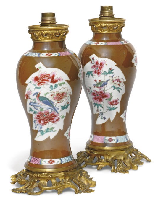 A PAIR OF CHINESE CAFE-AU-LAIT GROUND LAMPED VASES