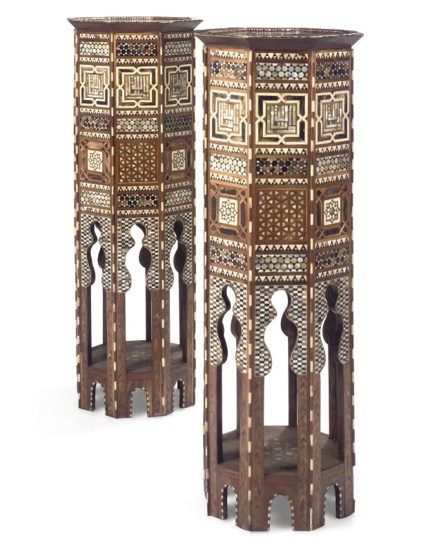 A PAIR OF NORTH AFRICAN HARDWOOD HORN, BONE AND MOTHER OF PEARL INLAID STANDS